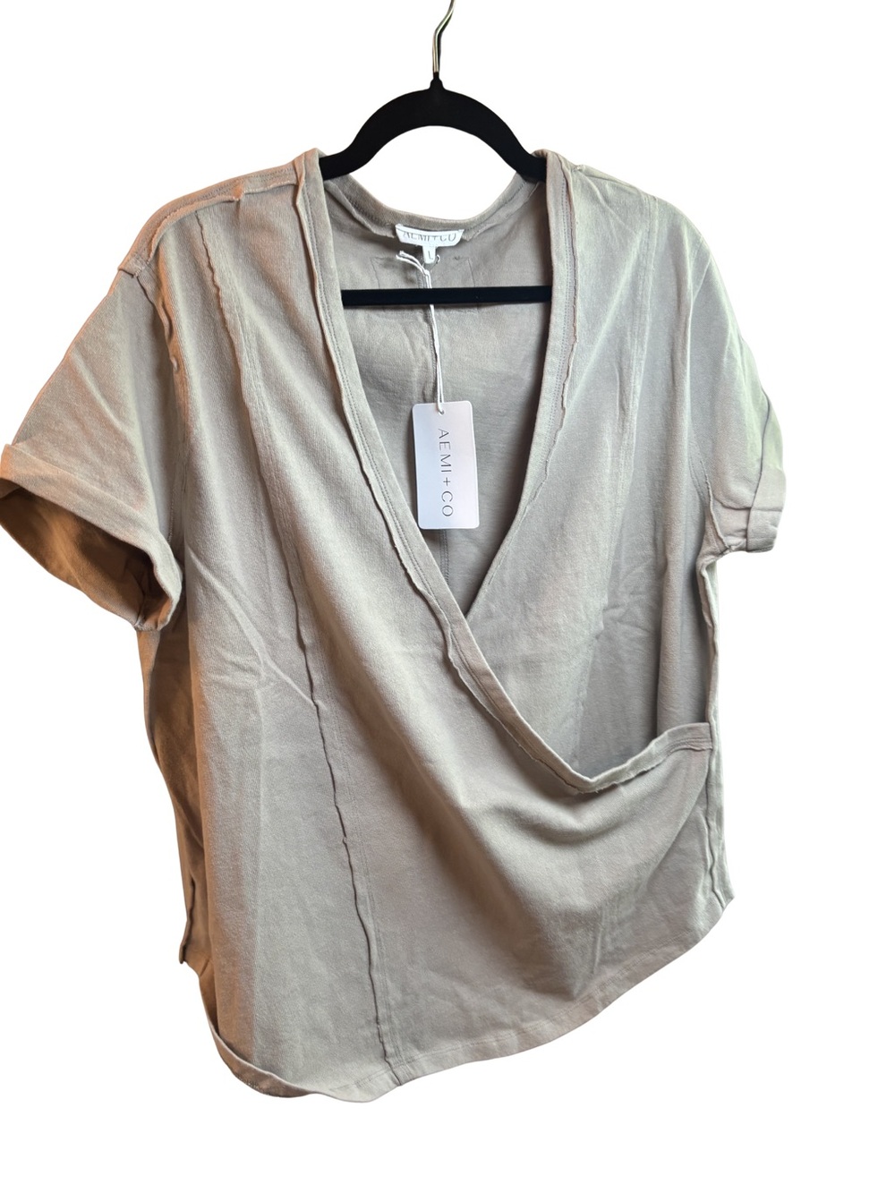 AEMI+CO Tan Large Boho Draped Wrap V-Neck Short Sleeve Top New
